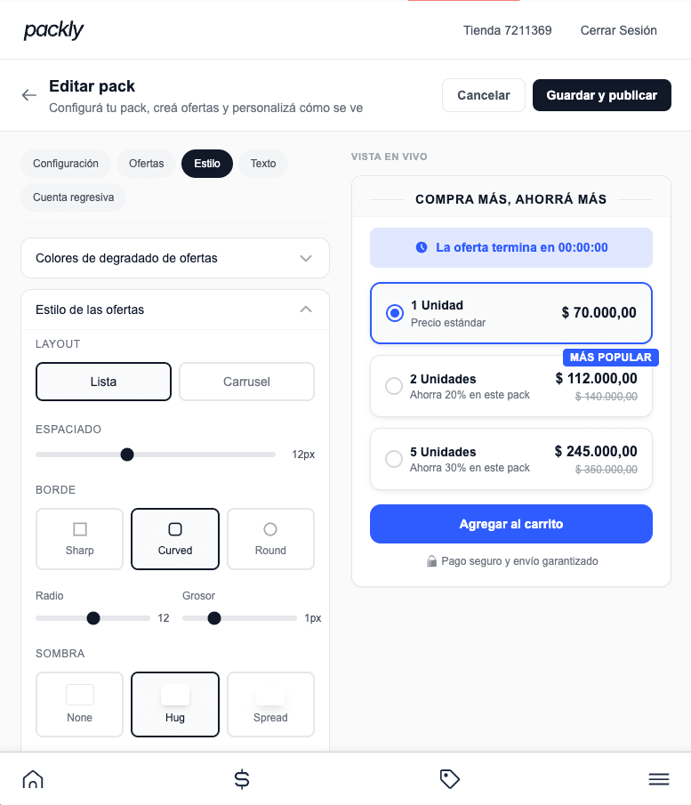 Dashboard de configuración de packs en Packly
