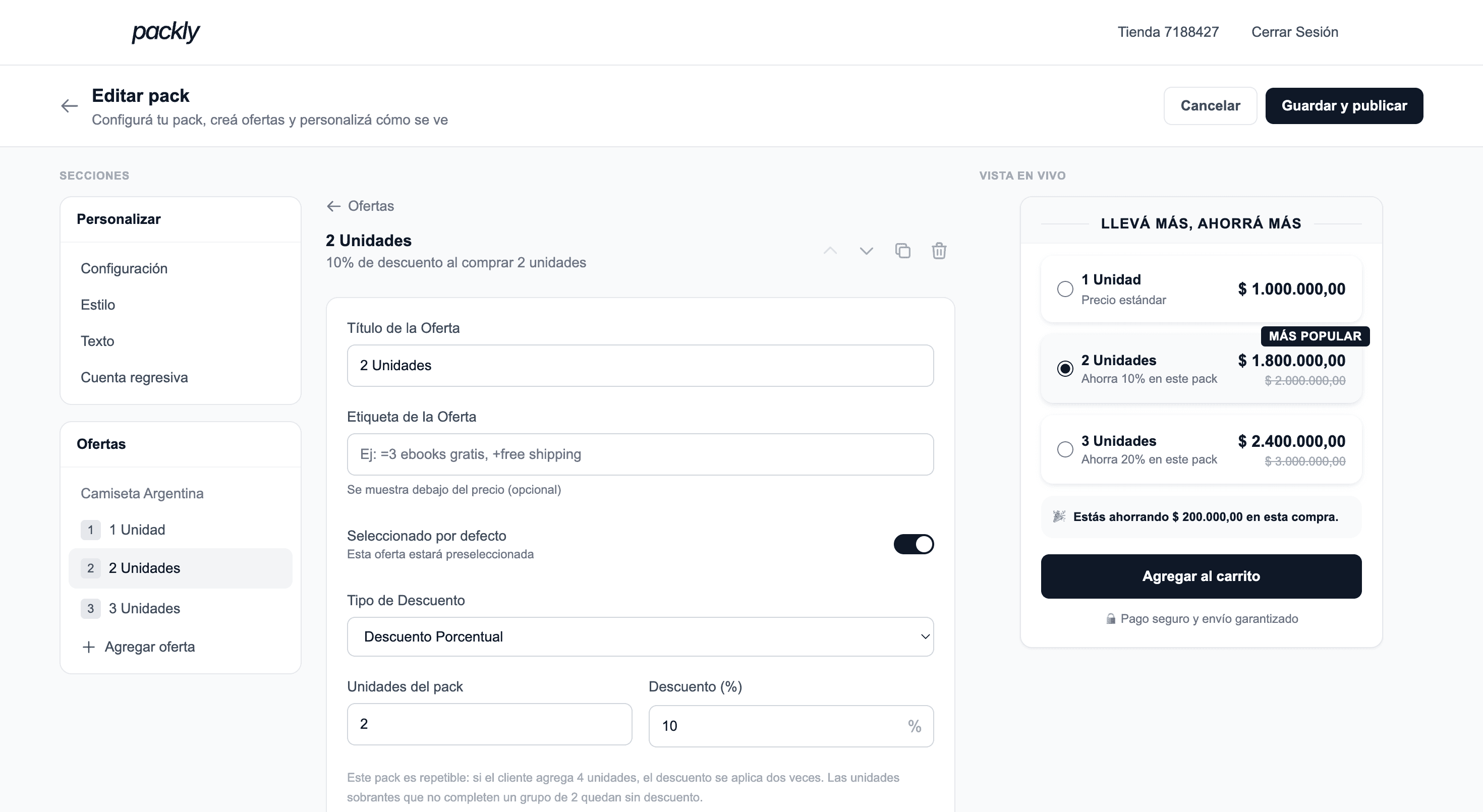Dashboard de Packly mostrando configuración de bundles por cantidad